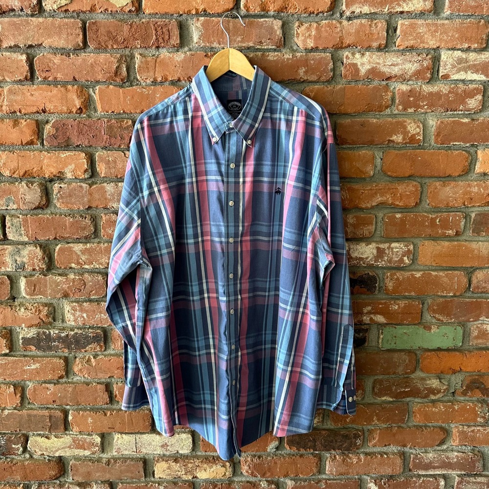 Brooks Brothers 2XL Supima Cotton Plaid Button Down Shirt Blue Pink Non Iron